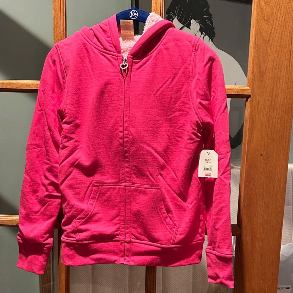 Faded Glory Vibrant Pink Kids Hoodie. Fully lined in light pink fleece.